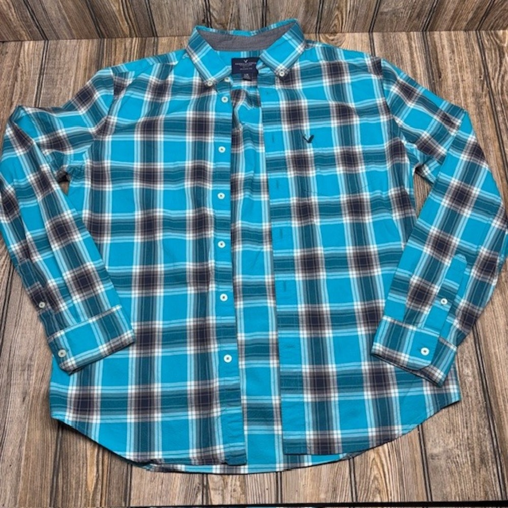 American Eagle Outfitters Mens Classic Fit Plaid Button Down Shirt Turquoise L